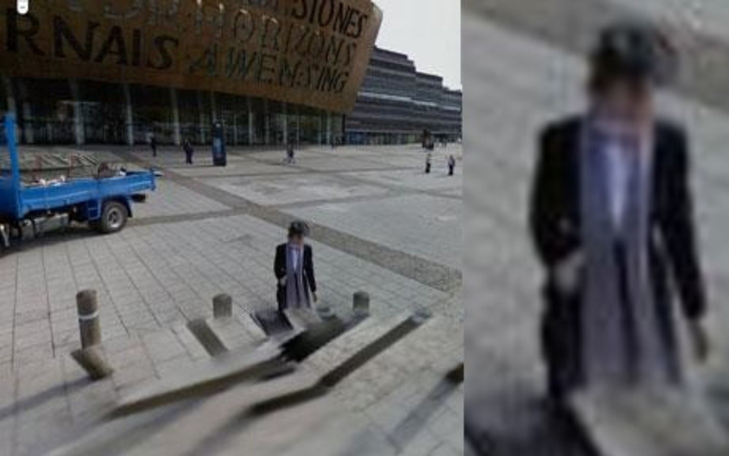 Did a Victorian woman appear at the Wales Millennium Centre?   A short walk from Future Inn Cardiff is the Wales Millennium Centre. Even though the area has now been revamped, the Cardiff Bay district has a dark and sinister past. It was once one of the busiest ports in the world, and there has been countless murders, riots and violence.    In 2009, Google footage needed to be examined as it appeared that a woman dressed in what seemed to be Victorian looking clothing appeared to be gliding above the pavement. She wore a long skirt and blouse, bow tie, hat and scarf. Experts that have studied the image cannot account for her presence.
